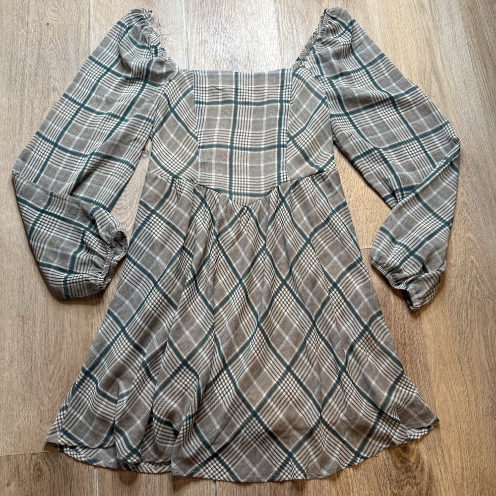 Copper Key Plaid Long puff sleeve Mini Dress gray green peasant dress M